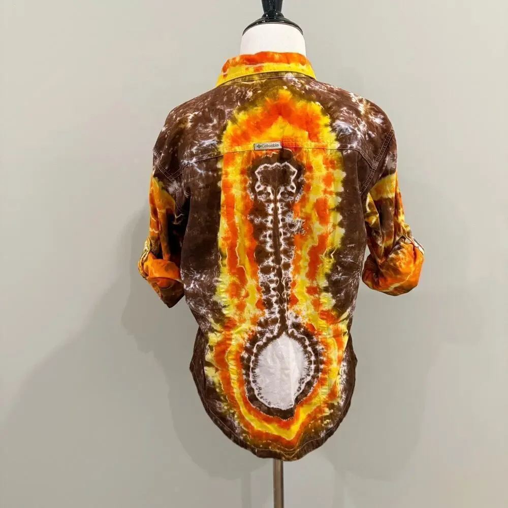 Vintage 90s Tie Dye Top Shirt Size Medium Brown Orange Cotton Hippie Artsy Boho
